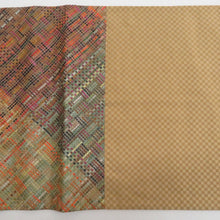 画像をギャラリービューアに読み込む, 袋帯 洒落袋帯 市松模様 チェック柄 多色織 カラフル オレンジ色ｘ緑色ｘ茶色 六通柄 仕立て上がり 着物帯 長さ440cm