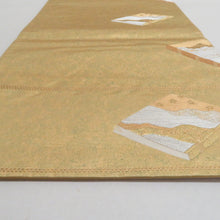 画像をギャラリービューアに読み込む, 袋帯 正絹 塗金引箔 金糸 ゴールド系 翁面紋様 お太鼓柄 金色ｘ緑色 仕立て上がり 着物帯 長さ424cm