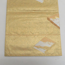 画像をギャラリービューアに読み込む, 袋帯 正絹 塗金引箔 金糸 ゴールド系 翁面紋様 お太鼓柄 金色ｘ緑色 仕立て上がり 着物帯 長さ424cm