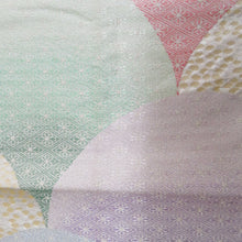 画像をギャラリービューアに読み込む, 袋帯 正絹 銀糸 六通柄 パステル系 青海波と菱型に菊模様 カラフル 薄緑色ｘ薄紫色ｘ多色 仕立て上がり 着物帯 長さ432cm