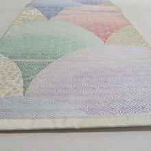 画像をギャラリービューアに読み込む, 袋帯 正絹 銀糸 六通柄 パステル系 青海波と菱型に菊模様 カラフル 薄緑色ｘ薄紫色ｘ多色 仕立て上がり 着物帯 長さ432cm