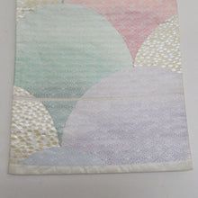 画像をギャラリービューアに読み込む, 袋帯 正絹 銀糸 六通柄 パステル系 青海波と菱型に菊模様 カラフル 薄緑色ｘ薄紫色ｘ多色 仕立て上がり 着物帯 長さ432cm