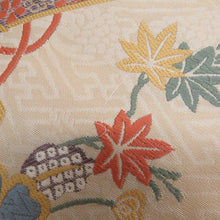 画像をギャラリービューアに読み込む, 袋帯 正絹 刺繍入り 六通柄 ベージュ地 薄黄色ｘ青色ｘ薄紫色ｘ多色 熨斗に花々紋様 仕立て上がり 着物帯 長さ440cm