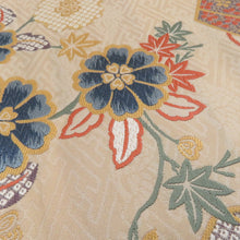 画像をギャラリービューアに読み込む, 袋帯 正絹 刺繍入り 六通柄 ベージュ地 薄黄色ｘ青色ｘ薄紫色ｘ多色 熨斗に花々紋様 仕立て上がり 着物帯 長さ440cm