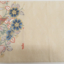 画像をギャラリービューアに読み込む, 袋帯 正絹 刺繍入り 六通柄 ベージュ地 薄黄色ｘ青色ｘ薄紫色ｘ多色 熨斗に花々紋様 仕立て上がり 着物帯 長さ440cm
