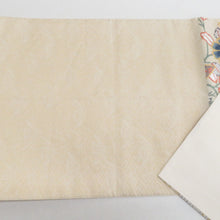 画像をギャラリービューアに読み込む, 袋帯 正絹 刺繍入り 六通柄 ベージュ地 薄黄色ｘ青色ｘ薄紫色ｘ多色 熨斗に花々紋様 仕立て上がり 着物帯 長さ440cm