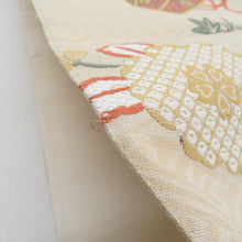 画像をギャラリービューアに読み込む, 袋帯 正絹 刺繍入り 六通柄 ベージュ地 薄黄色ｘ青色ｘ薄紫色ｘ多色 熨斗に花々紋様 仕立て上がり 着物帯 長さ440cm
