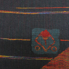 画像をギャラリービューアに読み込む, 名古屋帯 八寸帯 松葉仕立て 正絹 紺色ｘエンジ色ｘ金色ｘ多色 カラフル 金糸 エスニック模様 六通柄 カジュアル 仕立て上がり 着物帯 長さ344cm