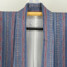 画像をギャラリービューアに読み込む, 小紋 袷 青色ｘエンジ色ｘ多色 染め模様 エスニック調 更紗模様 正絹 バチ衿 仕立て上がり着物 身丈158cm