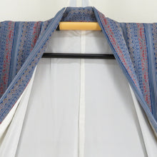 画像をギャラリービューアに読み込む, 小紋 袷 青色ｘエンジ色ｘ多色 染め模様 エスニック調 更紗模様 正絹 バチ衿 仕立て上がり着物 身丈158cm