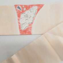 画像をギャラリービューアに読み込む, 名古屋帯 塩瀬 ぼかし染め 薄オレンジ色ｘ白色 辻が花調 花に流水紋様 正絹 お太鼓柄 カジュアル 仕立て上がり 着物帯 長さ361cm