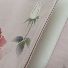 画像をギャラリービューアに読み込む, 名古屋帯 紬 染め模様 ピンク色ｘ緑色 薔薇文様 落款入り 正絹 お太鼓柄 カジュアル 仕立て上がり 着物帯 長さ370cm