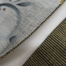 画像をギャラリービューアに読み込む, 名古屋帯 ひげ紬 俵織り 染め紬 月に兎紋様 うさぎ柄 黒色ｘ辛子色x灰色 正絹 お太鼓柄 カジュアル 仕立て上がり 着物帯 長さ360cm