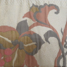 画像をギャラリービューアに読み込む, 名古屋帯 ベージュ系 葉柄 六通柄 ベージュ色ｘ緑色ｘ辛子色 正絹 カジュアル 仕立て上がり 着物帯