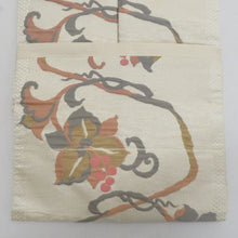 画像をギャラリービューアに読み込む, 名古屋帯 ベージュ系 葉柄 六通柄 ベージュ色ｘ緑色ｘ辛子色 正絹 カジュアル 仕立て上がり 着物帯