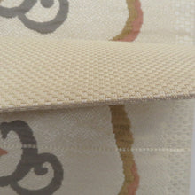 画像をギャラリービューアに読み込む, 名古屋帯 ベージュ系 葉柄 六通柄 ベージュ色ｘ緑色ｘ辛子色 正絹 カジュアル 仕立て上がり 着物帯