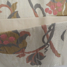 画像をギャラリービューアに読み込む, 名古屋帯 ベージュ系 葉柄 六通柄 ベージュ色ｘ緑色ｘ辛子色 正絹 カジュアル 仕立て上がり 着物帯