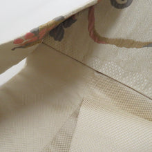 画像をギャラリービューアに読み込む, 名古屋帯 ベージュ系 葉柄 六通柄 ベージュ色ｘ緑色ｘ辛子色 正絹 カジュアル 仕立て上がり 着物帯