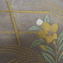 画像をギャラリービューアに読み込む, 名古屋帯 パープル系 グレーパープルｘ朱色 菊紋様 お太鼓柄 金糸 正絹 カジュアル 仕立て上がり 着物帯 長さ350cm