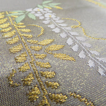 画像をギャラリービューアに読み込む, 名古屋帯 パープル系 グレーパープルｘ朱色 菊紋様 お太鼓柄 金糸 正絹 カジュアル 仕立て上がり 着物帯 長さ350cm