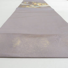 画像をギャラリービューアに読み込む, 名古屋帯 パープル系 グレーパープルｘ朱色 菊紋様 お太鼓柄 金糸 正絹 カジュアル 仕立て上がり 着物帯 長さ350cm