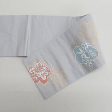 画像をギャラリービューアに読み込む, 名古屋帯 グレー系 薄灰色ｘ多色 金糸 桜模様 六通柄 正絹 カジュアル 仕立て上がり 着物帯 長さ361cm