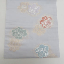 画像をギャラリービューアに読み込む, 名古屋帯 グレー系 薄灰色ｘ多色 金糸 桜模様 六通柄 正絹 カジュアル 仕立て上がり 着物帯 長さ361cm