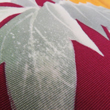 画像をギャラリービューアに読み込む, 名古屋帯 塩瀬 染め模様 ダークピンク色ｘ黄色ｘ多色 お太鼓柄 地紙文に花紋様 正絹 カジュアル 仕立て上がり 着物帯 長さ374cm