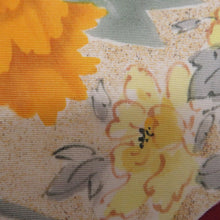 画像をギャラリービューアに読み込む, 名古屋帯 塩瀬 染め模様 ダークピンク色ｘ黄色ｘ多色 お太鼓柄 地紙文に花紋様 正絹 カジュアル 仕立て上がり 着物帯 長さ374cm