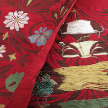 画像をギャラリービューアに読み込む, 名古屋帯 紬地 赤色ｘ多色 カラフル 更紗調花紋様 織文様 お太鼓柄 正絹 カジュアル 仕立て上がり 着物帯 長さ357cm