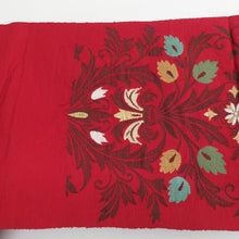 画像をギャラリービューアに読み込む, 名古屋帯 紬地 赤色ｘ多色 カラフル 更紗調花紋様 織文様 お太鼓柄 正絹 カジュアル 仕立て上がり 着物帯 長さ357cm