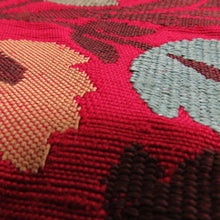 画像をギャラリービューアに読み込む, 名古屋帯 紬地 赤色ｘ多色 カラフル 更紗調花紋様 織文様 お太鼓柄 正絹 カジュアル 仕立て上がり 着物帯 長さ357cm