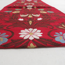 画像をギャラリービューアに読み込む, 名古屋帯 紬地 赤色ｘ多色 カラフル 更紗調花紋様 織文様 お太鼓柄 正絹 カジュアル 仕立て上がり 着物帯 長さ357cm