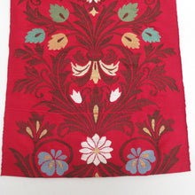 画像をギャラリービューアに読み込む, 名古屋帯 紬地 赤色ｘ多色 カラフル 更紗調花紋様 織文様 お太鼓柄 正絹 カジュアル 仕立て上がり 着物帯 長さ357cm