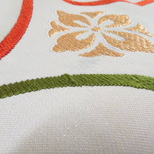 画像をギャラリービューアに読み込む, 名古屋帯 銀糸 シルバー系 お太鼓柄 七宝文様 銀色ｘ多色 カラフル 正絹 カジュアル 仕立て上がり 着物帯 長さ358cm