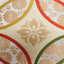 画像をギャラリービューアに読み込む, 名古屋帯 銀糸 シルバー系 お太鼓柄 七宝文様 銀色ｘ多色 カラフル 正絹 カジュアル 仕立て上がり 着物帯 長さ358cm