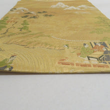 画像をギャラリービューアに読み込む, 名古屋帯 金糸 金色ｘ緑色ｘ多色 ゴールド系 六通柄 織文様 中国風景人物文様 正絹 カジュアル 仕立て上がり 着物帯 長さ361cm