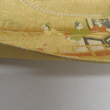 画像をギャラリービューアに読み込む, 名古屋帯 金糸 金色ｘ緑色ｘ多色 ゴールド系 六通柄 織文様 中国風景人物文様 正絹 カジュアル 仕立て上がり 着物帯 長さ361cm