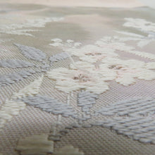 画像をギャラリービューアに読み込む, 名古屋帯 ベージュピンク色ｘ白色 小花紋様 刺繍入り お太鼓柄 織文様 正絹 カジュアル 仕立て上がり 着物帯 長さ343cm