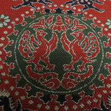 画像をギャラリービューアに読み込む, 名古屋帯 朱色ｘ緑色ｘ紺色 正倉院模様 馬に丸文に白虎と朱雀 全通柄 正絹 カジュアル 仕立て上がり 着物帯 長さ334cm