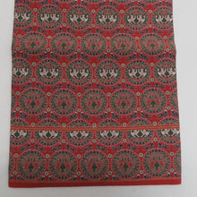 画像をギャラリービューアに読み込む, 名古屋帯 朱色ｘ緑色ｘ紺色 正倉院模様 馬に丸文に白虎と朱雀 全通柄 正絹 カジュアル 仕立て上がり 着物帯 長さ334cm