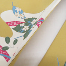 画像をギャラリービューアに読み込む, 名古屋帯 辛子色ｘ白色ｘ多色 お太鼓柄 流水に葉や花紋様 正絹 カジュアル 仕立て上がり 着物帯 長さ366cm
