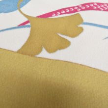 画像をギャラリービューアに読み込む, 名古屋帯 辛子色ｘ白色ｘ多色 お太鼓柄 流水に葉や花紋様 正絹 カジュアル 仕立て上がり 着物帯 長さ366cm