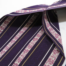 画像をギャラリービューアに読み込む, 名古屋帯 八寸帯 献上柄に花模様 全通柄 紫色ｘ白色ｘ黄色 正絹 カジュアル 仕立て上がり 着物帯 長さ340cm
