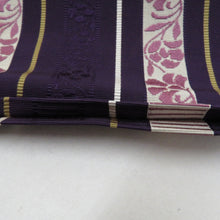 画像をギャラリービューアに読み込む, 名古屋帯 八寸帯 献上柄に花模様 全通柄 紫色ｘ白色ｘ黄色 正絹 カジュアル 仕立て上がり 着物帯 長さ340cm