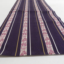 画像をギャラリービューアに読み込む, 名古屋帯 八寸帯 献上柄に花模様 全通柄 紫色ｘ白色ｘ黄色 正絹 カジュアル 仕立て上がり 着物帯 長さ340cm