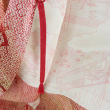 画像をギャラリービューアに読み込む, 羽織 正絹 絞り 赤色ｘ黄色ｘぼかし 四角文様 着物コート 着物用 ちりよけ 防寒 上着 リメイク シルク 身丈81cm