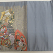 画像をギャラリービューアに読み込む, 袋帯 正絹 グレーｘゴールドｘ多色 地紙文様 六通柄 仕立て上がり 着物帯
