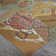 画像をギャラリービューアに読み込む, 袋帯 正絹 グレーｘゴールドｘ多色 地紙文様 六通柄 仕立て上がり 着物帯