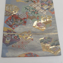 画像をギャラリービューアに読み込む, 袋帯 正絹 グレーｘゴールドｘ多色 地紙文様 六通柄 仕立て上がり 着物帯
